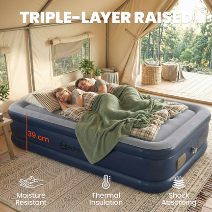 Inflatable Mattress, Double Air Bed with Built-in Electric Pump, 3 Mins Inflation, Flocked Surface, Grey