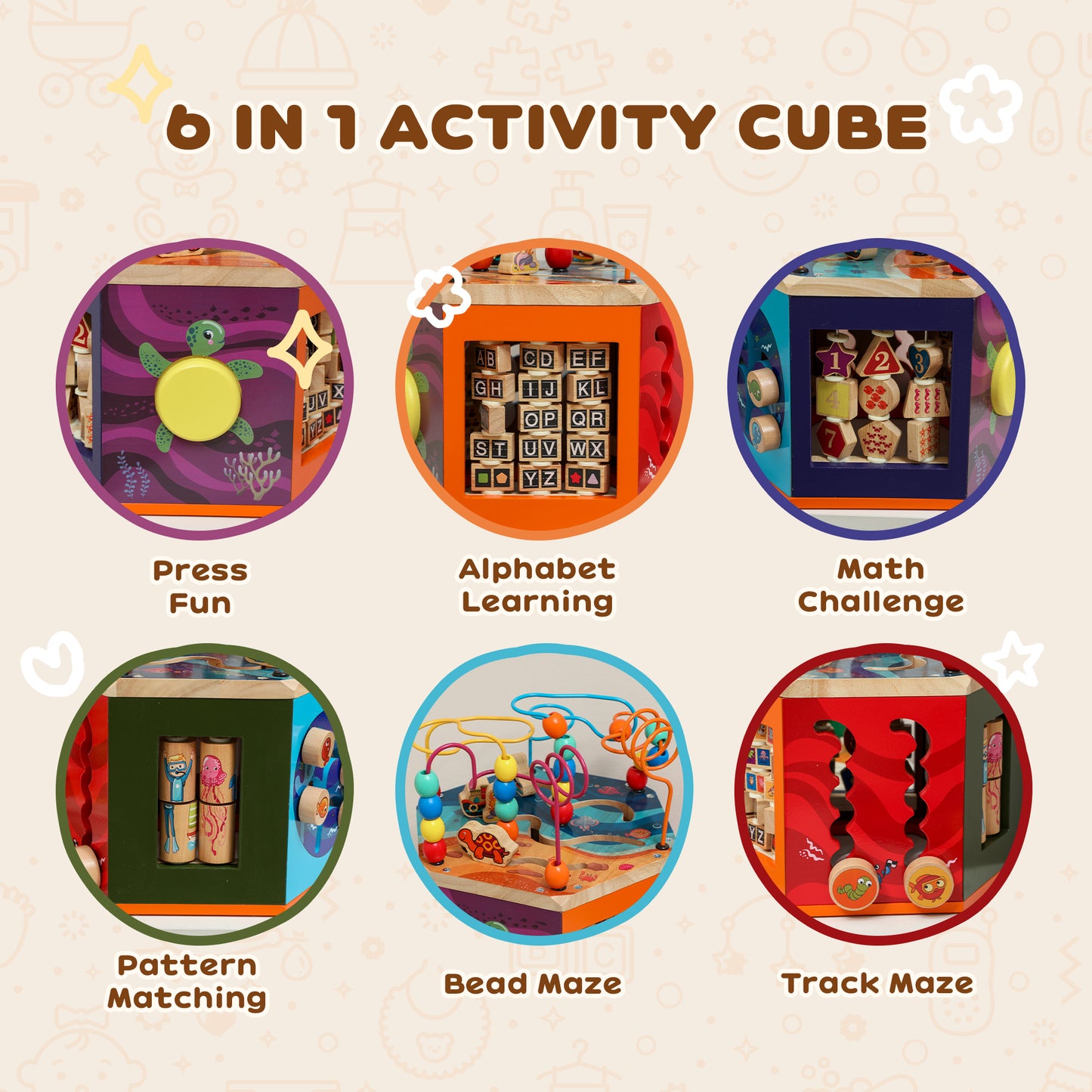 Wooden Activity Cube, Baby Toys with Bead Maze, Pattern Sorter for Toddlers Boys and Girls 18+ Months