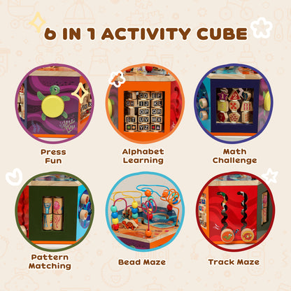 Wooden Activity Cube, Baby Toys with Bead Maze, Pattern Sorter for Toddlers Boys and Girls 18+ Months