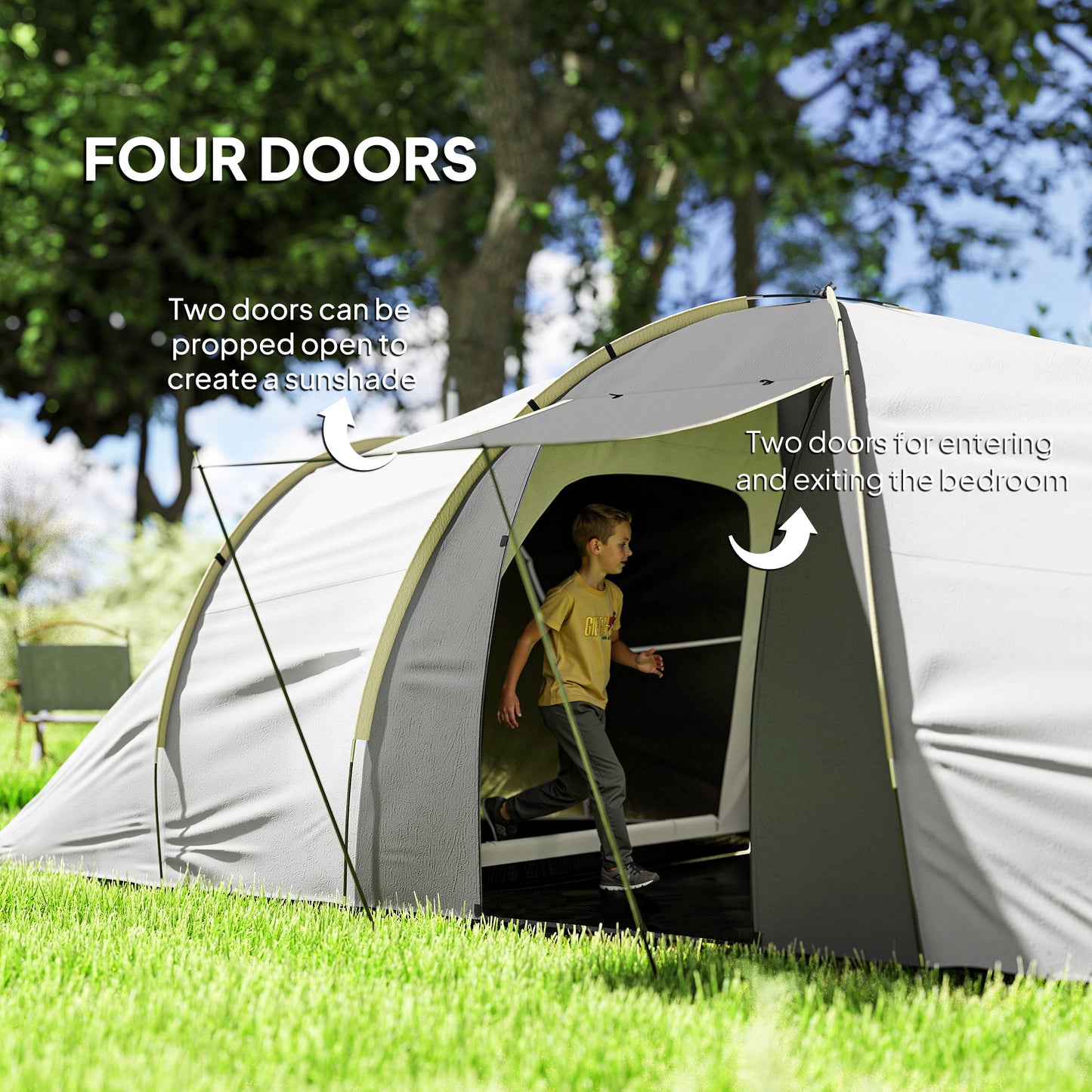 Four-Man Tunnel Tent, with Two Bedrooms and Living Room - Grey/Yellow
