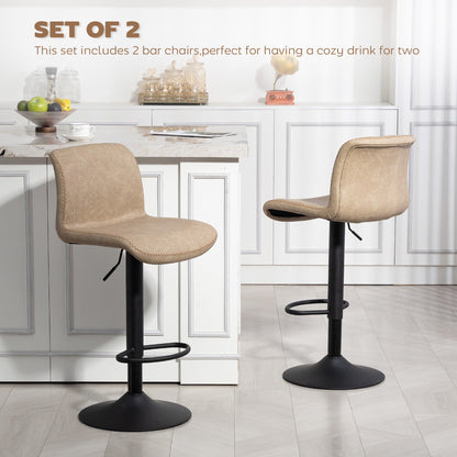 Bar Stools Set of 2, PU Leather Barstools with Backrest and Footrest for Kitchen, Counter, Breakfast Bar, Light Brown