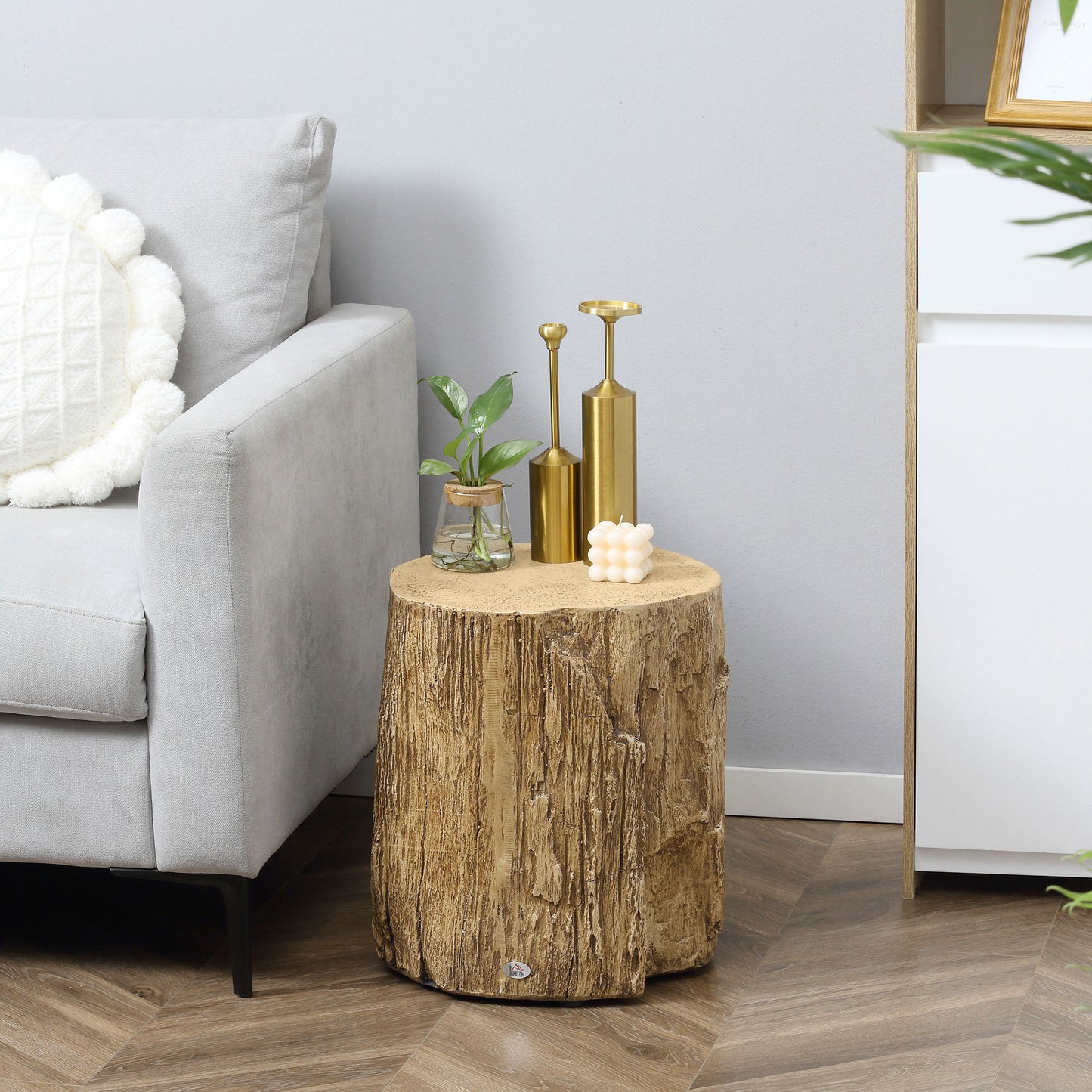 Tree Stump End Table, Round Concrete Side Table for Indoor and Outdoor Use, Natural Wood Effect