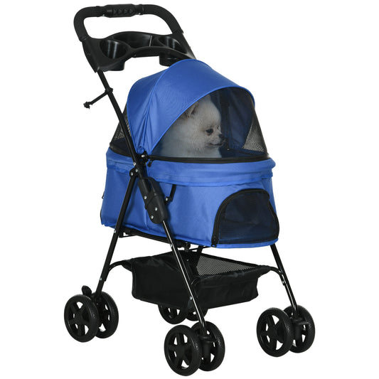 Dog Pram Dog Stroller Foldable Pet Pushchair with 4 Wheels, Safety Leashes, Cup Holder for Small Dogs, Blue
