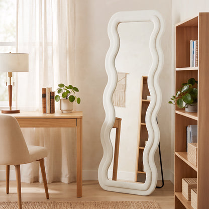 Full Length Mirror, 160 x 60 cm Wavy Full Body Wall Standing Mirror with Velvet Frame and Tempered Glass, Cream White