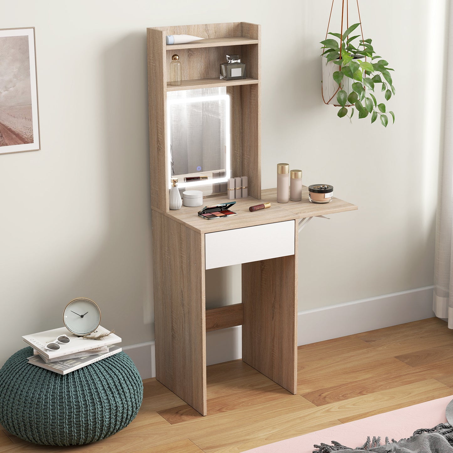 Small Vanity Desk with Mirror and LED Lights, Compact Dressing Table with Drop Leaf, Open Shelves, Natural Wood