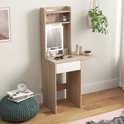 Small Vanity Desk with Mirror and LED Lights, Compact Dressing Table with Drop Leaf, Open Shelves, Natural Wood