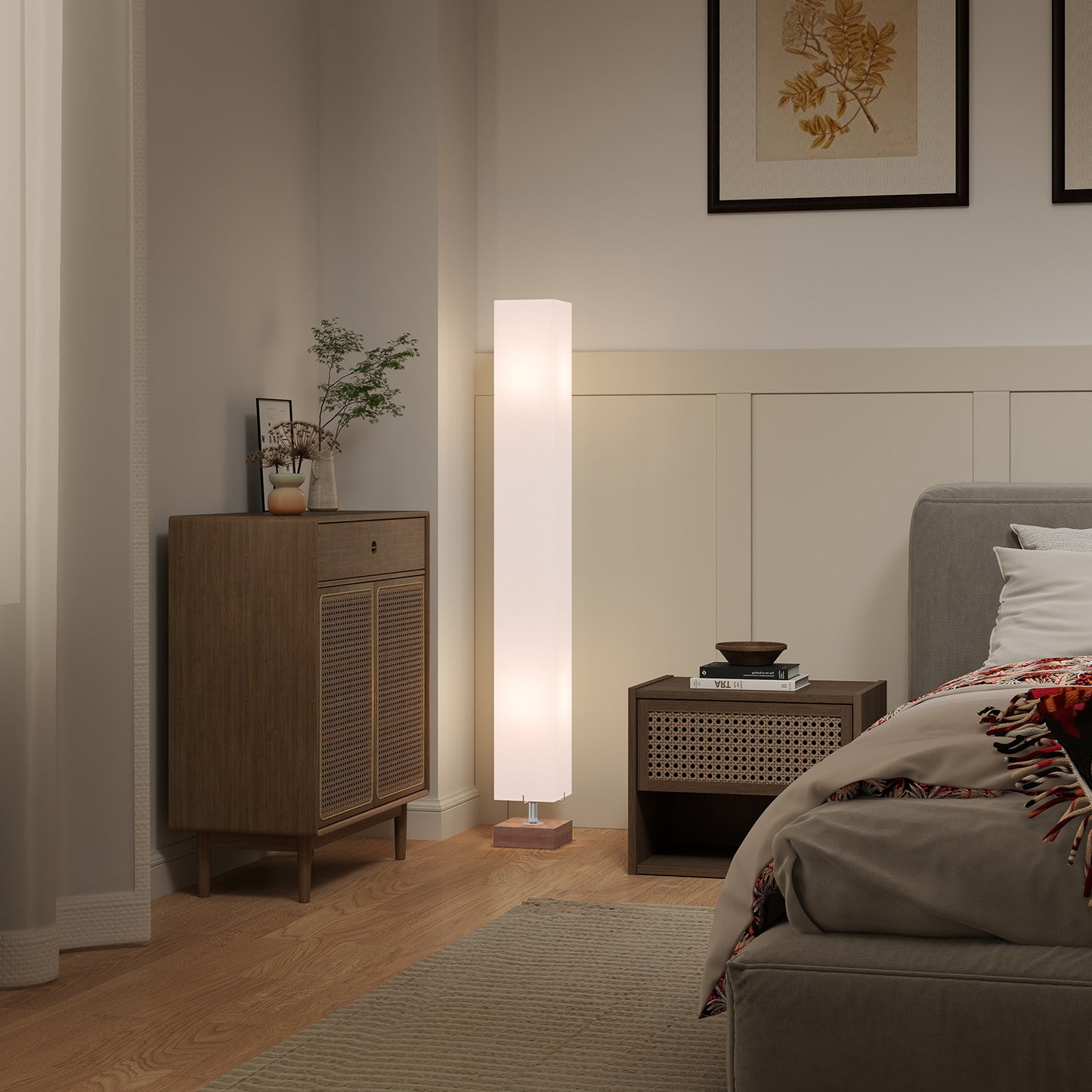 Floor Lamp, 120cm Standing Lamp with Linen Lampshade, Standard Light with Pine Wood Base for Living Room