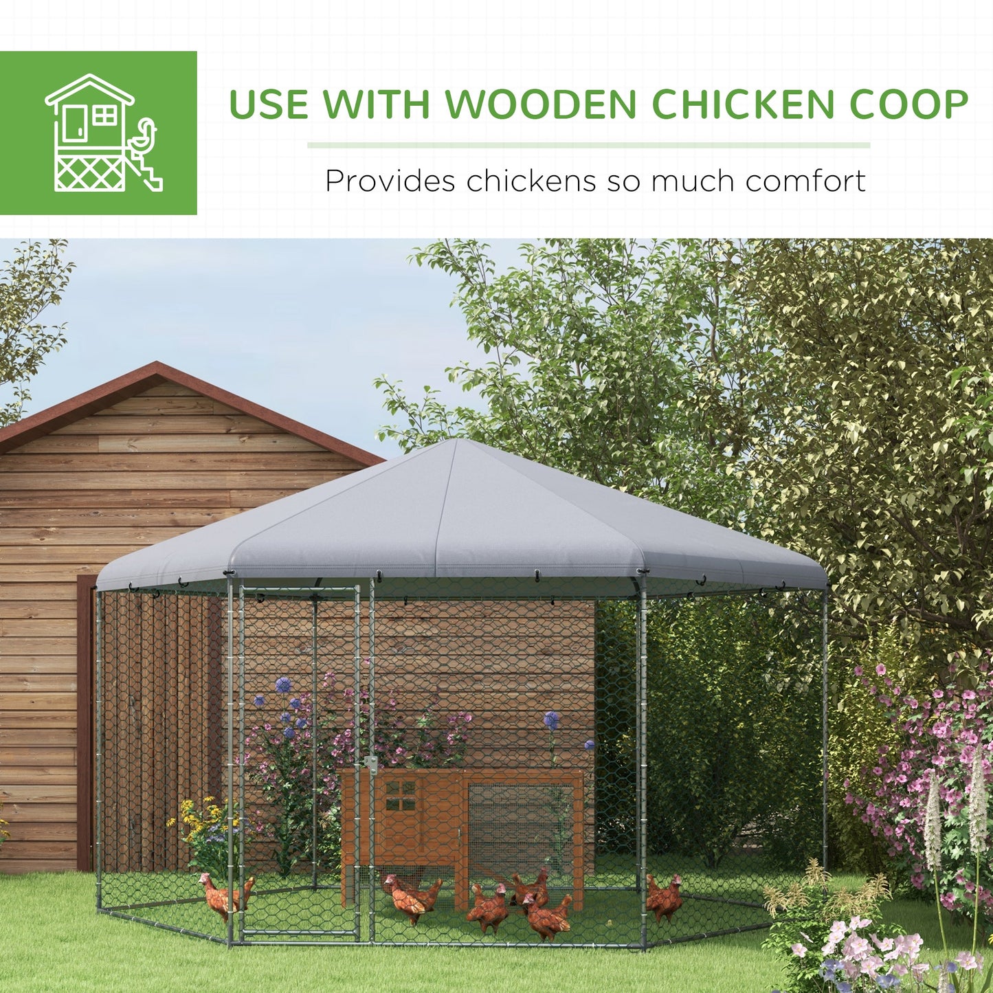 Chicken Coop for 10-15 Chickens, Hens, Rabbits, Ducks, Outdoor Garden Chicken Run, 4 x 3.5 x 2.6m