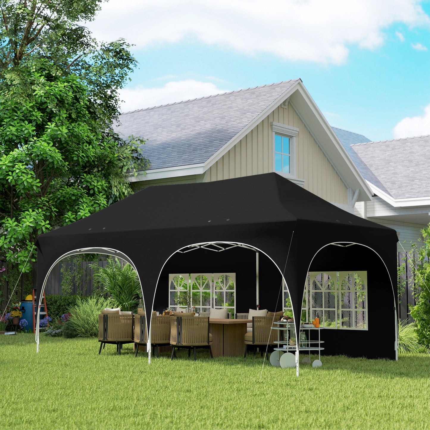3 x 6m Pop Up Gazebo Shelter with Sides, 6 Sandbags, Peak Top Garden Party Tent Marquee with Carry Bag, Black