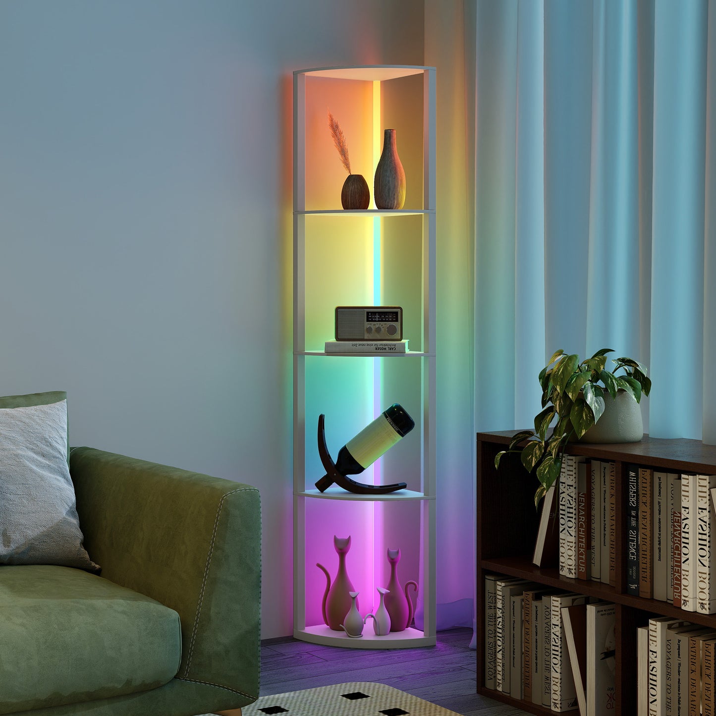 RGB LED Floor Lamp with Shelves, 4-Tier Dimmable Standing Lamp with Adjustable Brightness and Remote Control