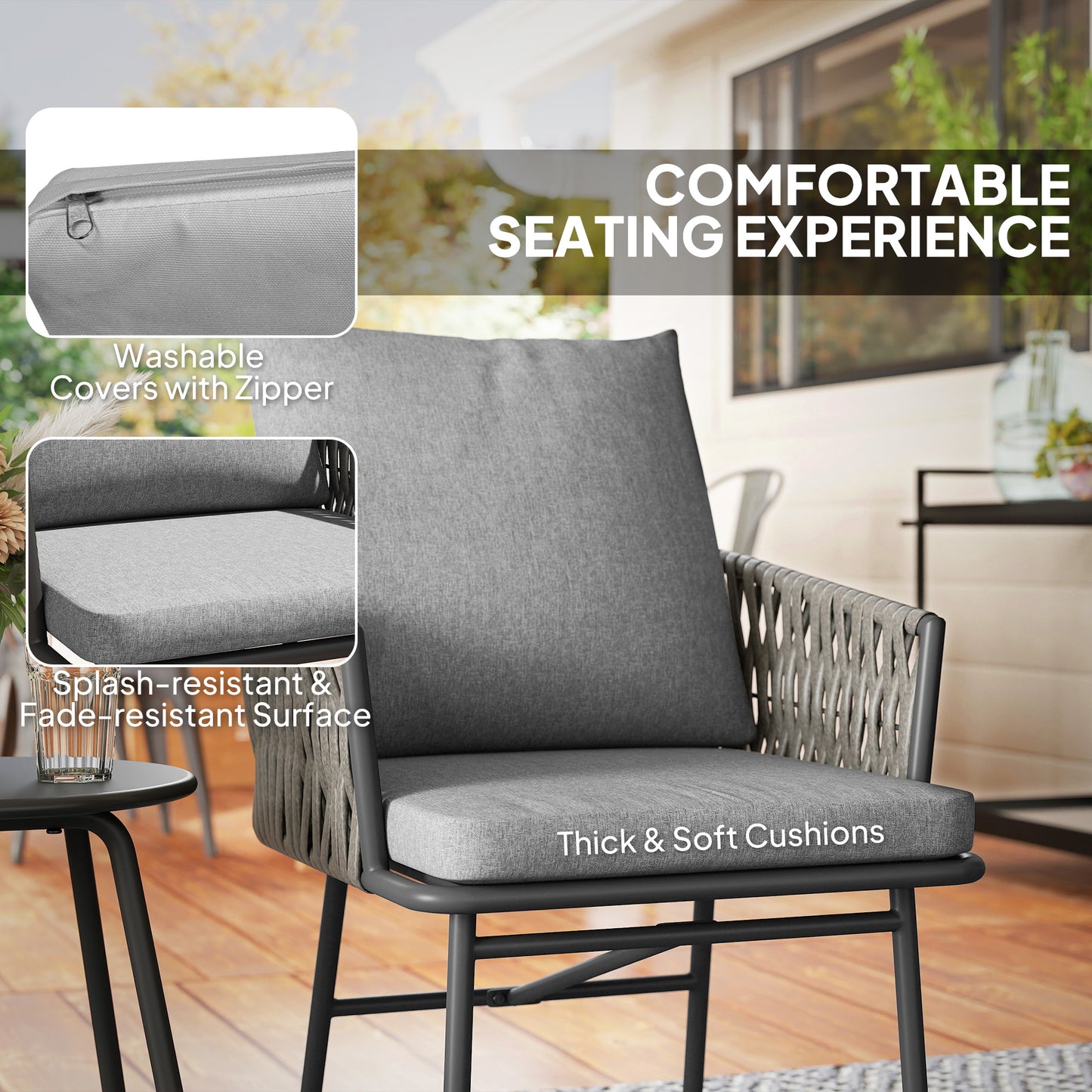 3-Piece Rattan Bistro Set, Garden Table and Chairs with 4 Cushions, Patio Rattan Conversation Furniture Set for Balcony