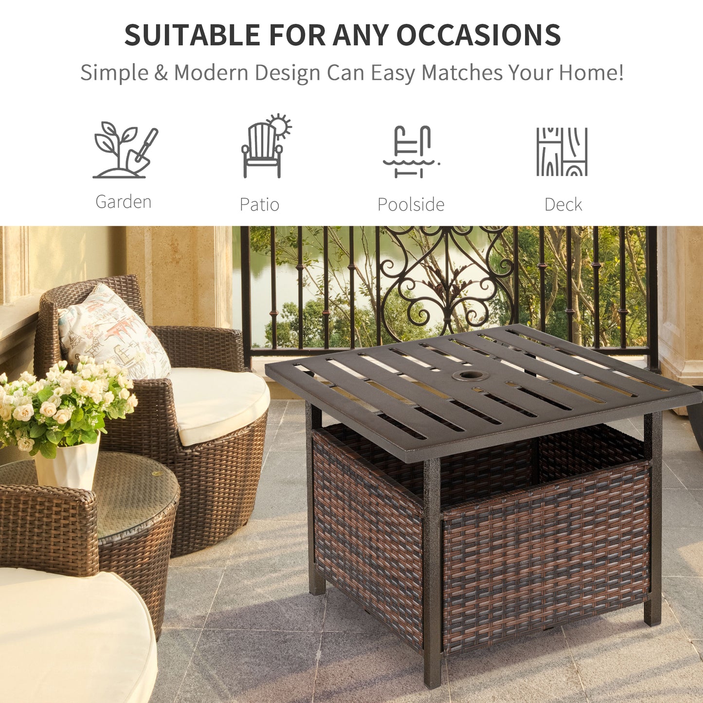 Rattan Garden Coffee Table, 55.5 cm Square Wicker Patio Side Coffee Table with 4 cm Umbrella Hole