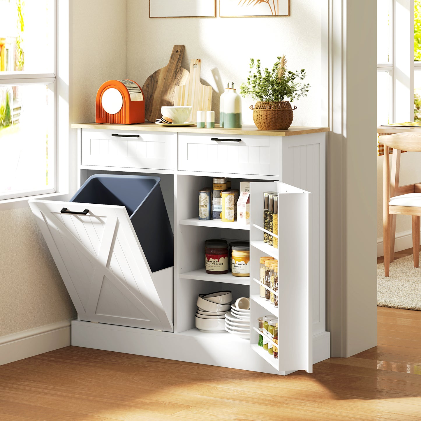 Sideboard with Tilt-out Trash Bin, Farmhouse Kitchen Sideboard with 2 Drawers, Adjustable Shelves, Door Racks, White