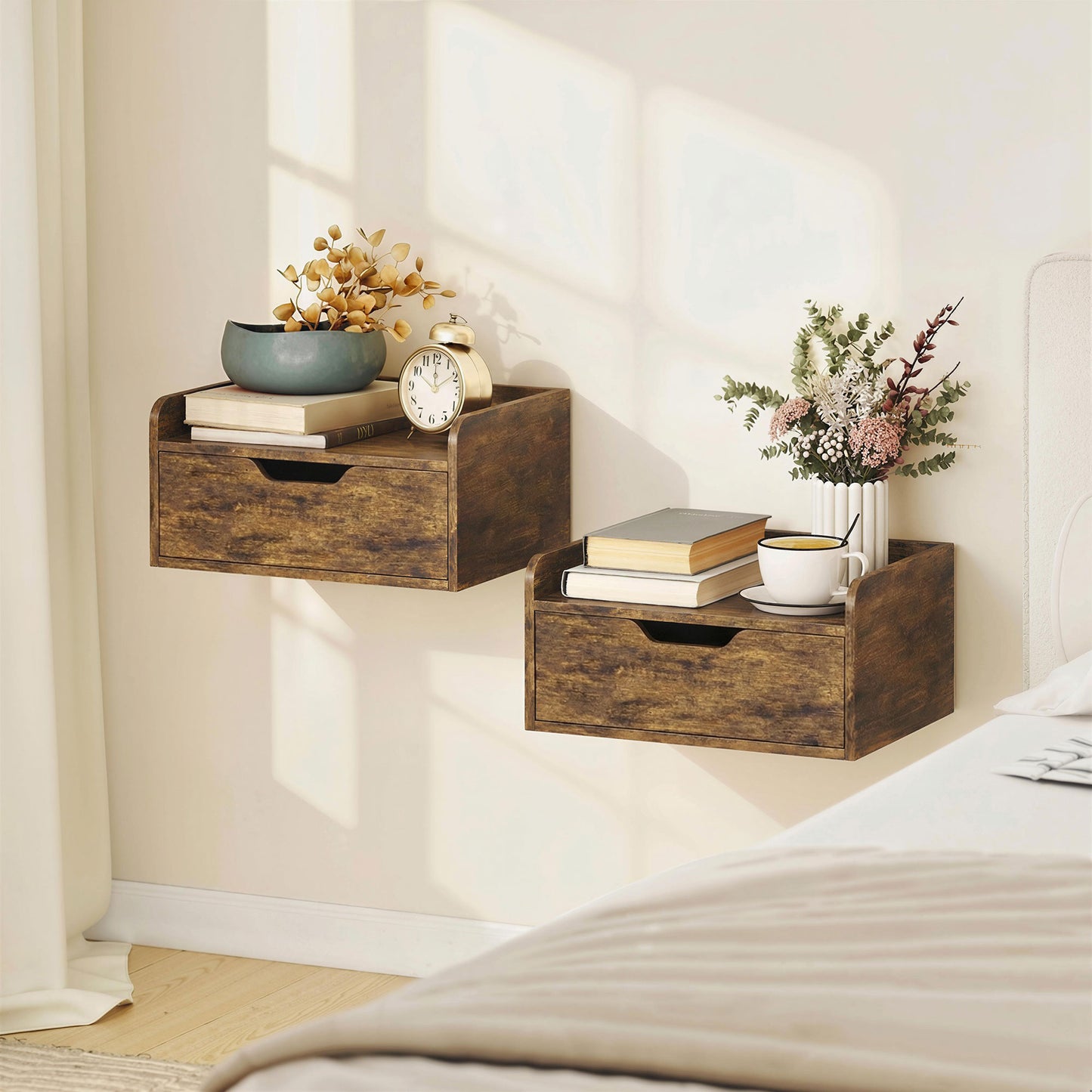 Floating Nightstands Set of 2, Wall Mounted Bedside Table with Drawer for Bedroom, Rustic Brown