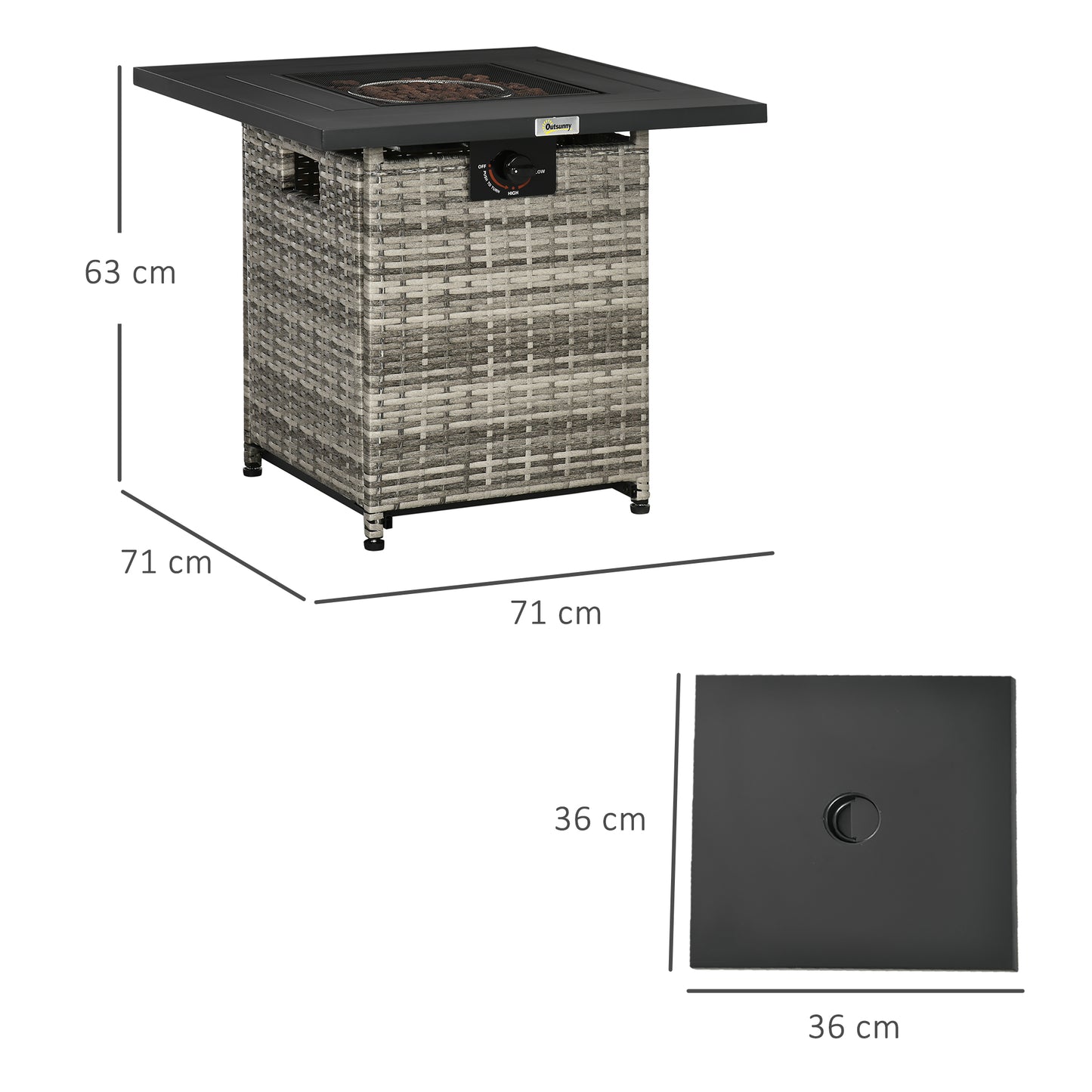 Outdoor PE Rattan Gas Fire Pit Table, Patio Square Propane Heater with Rain Cover, Mesh Lid and Lava Stone, 40,000 BTU