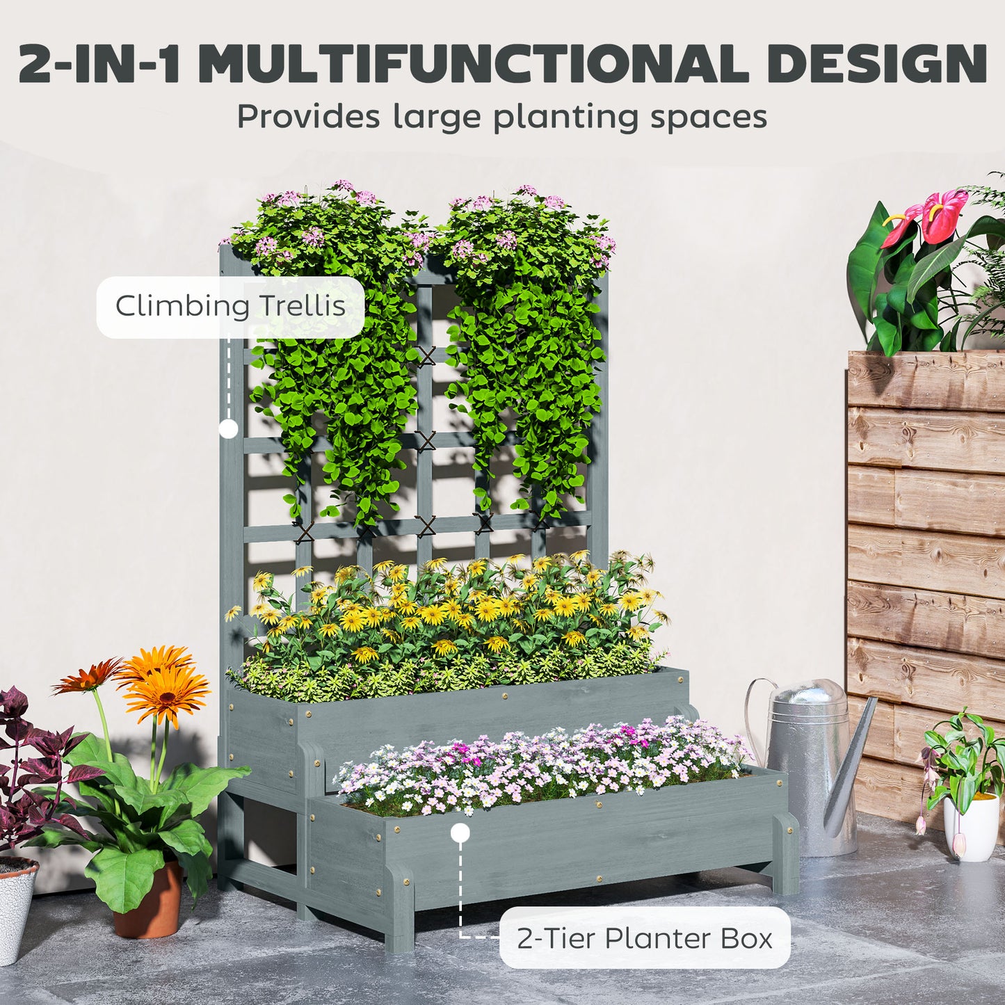 2-Tier Raised Garden Bed with Trellis, Wooden Elevated Planter Box with Drainage Holes