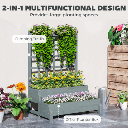 2-Tier Raised Garden Bed with Trellis, Wooden Elevated Planter Box with Drainage Holes