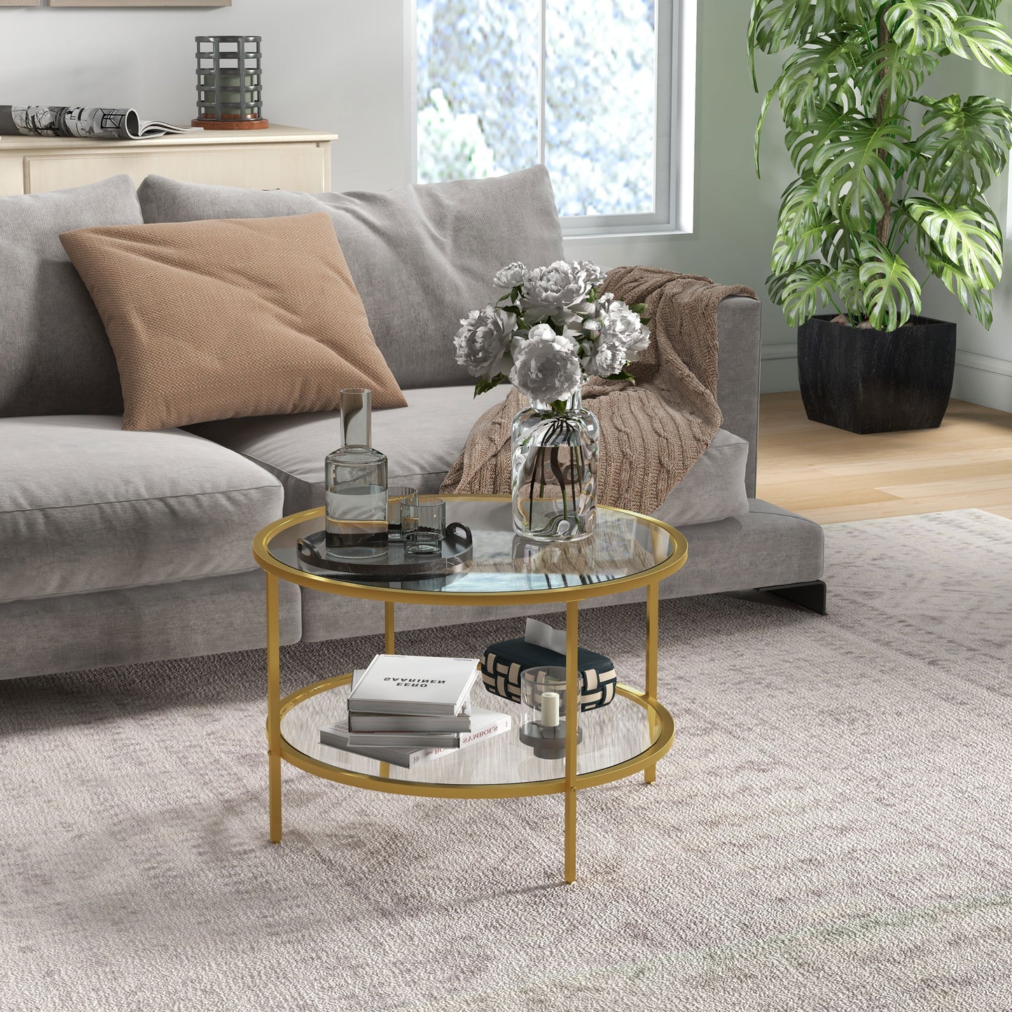 Round Coffee Table with Storage, 2-Tier Tempered Glass Coffee Table with Steel Frame for Living Room, Gold Tone