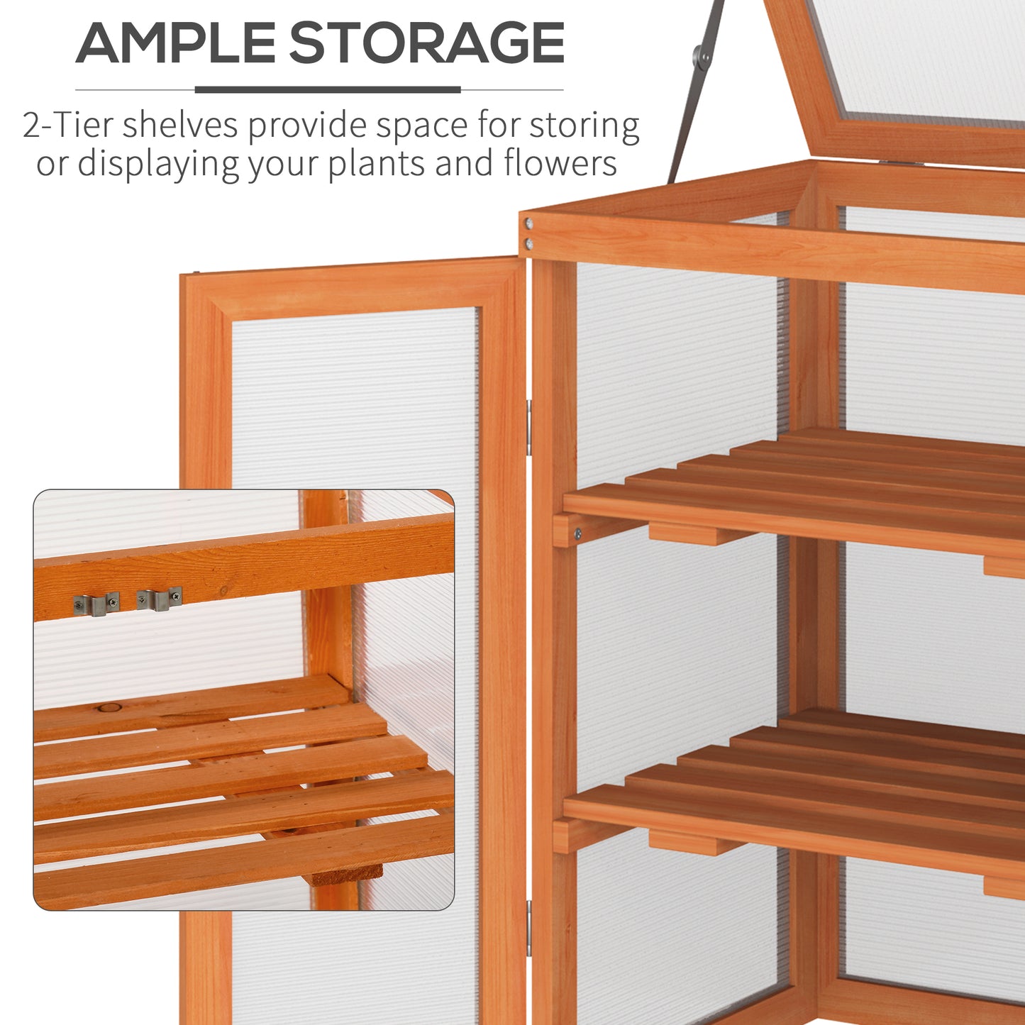 3-tier Wood Greenhouse Garden Polycarbonate Cold Frame Balcony Grow House with Storage Shelf for Plants, Flowers, Orange
