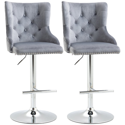 Bar Stools Set of 2, Modern Swivel & Adjustable Velvet Barstools with Button-Tufted Back, Footrest for Home Bar, Grey