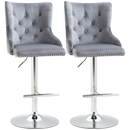 Bar Stools Set of 2, Modern Swivel & Adjustable Velvet Barstools with Button-Tufted Back, Footrest for Home Bar, Grey