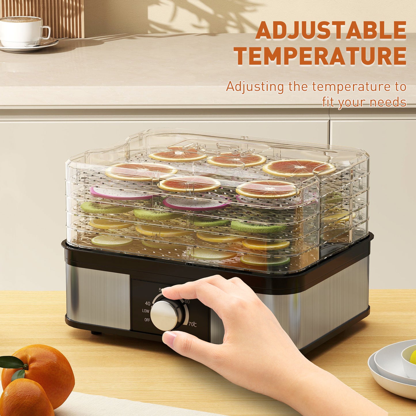 5 Tier Food Dehydrator, 245W Stainless Steel Food Dryer Machine with Adjustable Temperature for Drying Fruit, Meat