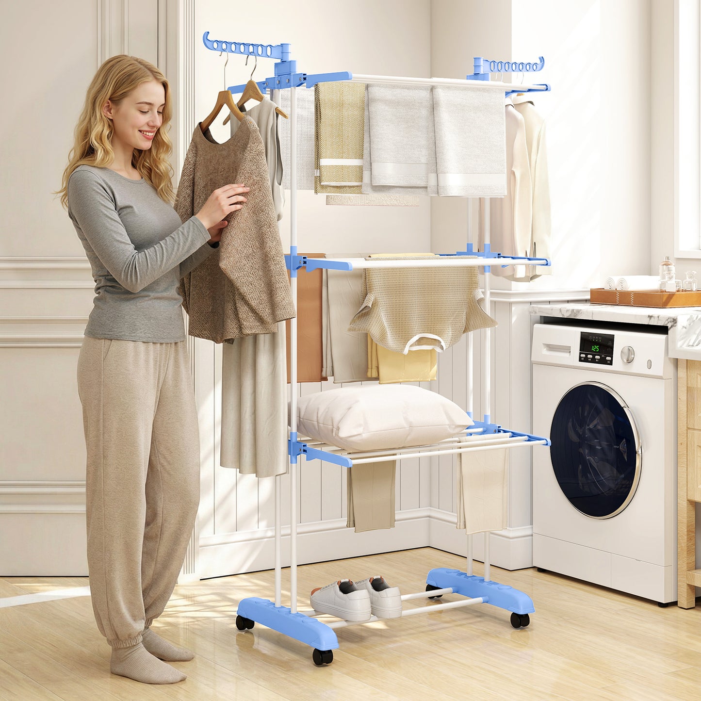 Foldable Clothes Drying Rack, 4-Tier Steel Garment Laundry Rack with Castors for Indoor and Outdoor Use, Blue