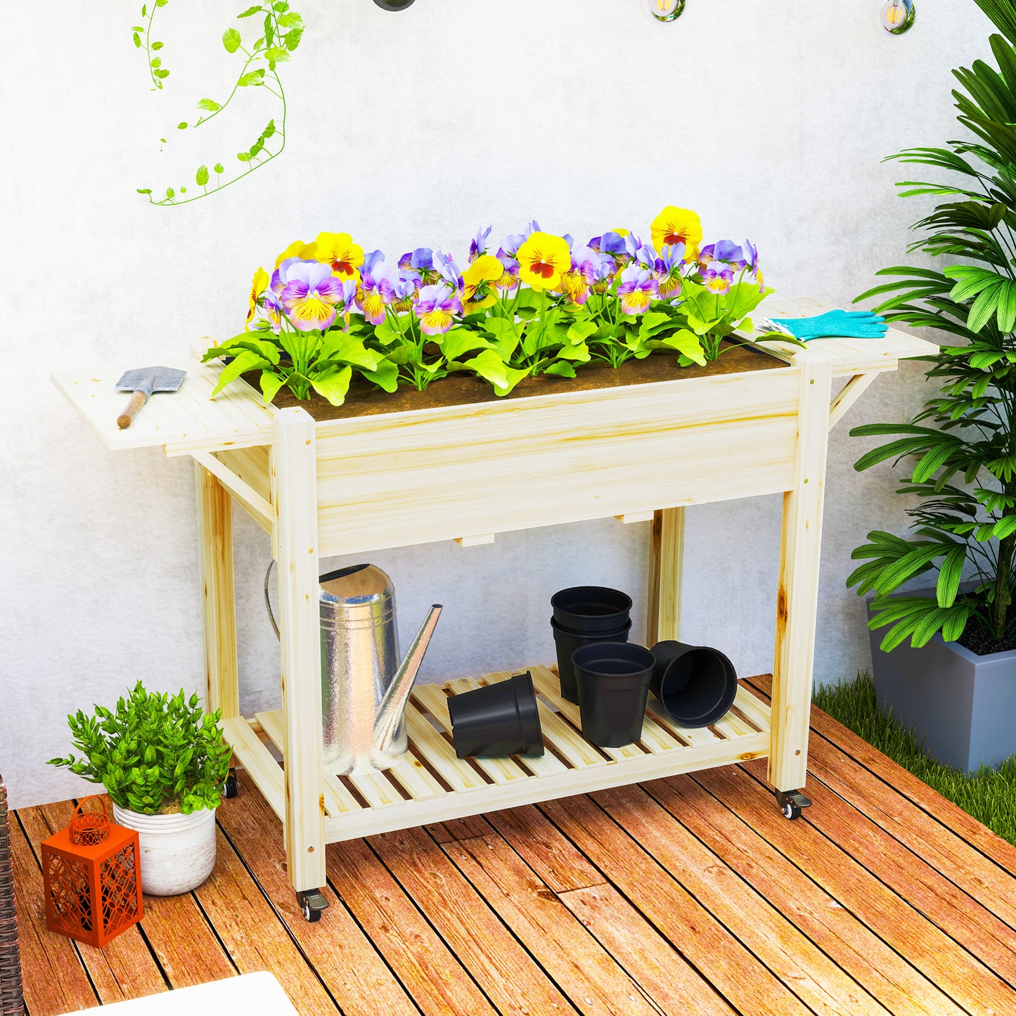 46 x 94cm Wooden Raised Planter, with Shelves - Natural Finish