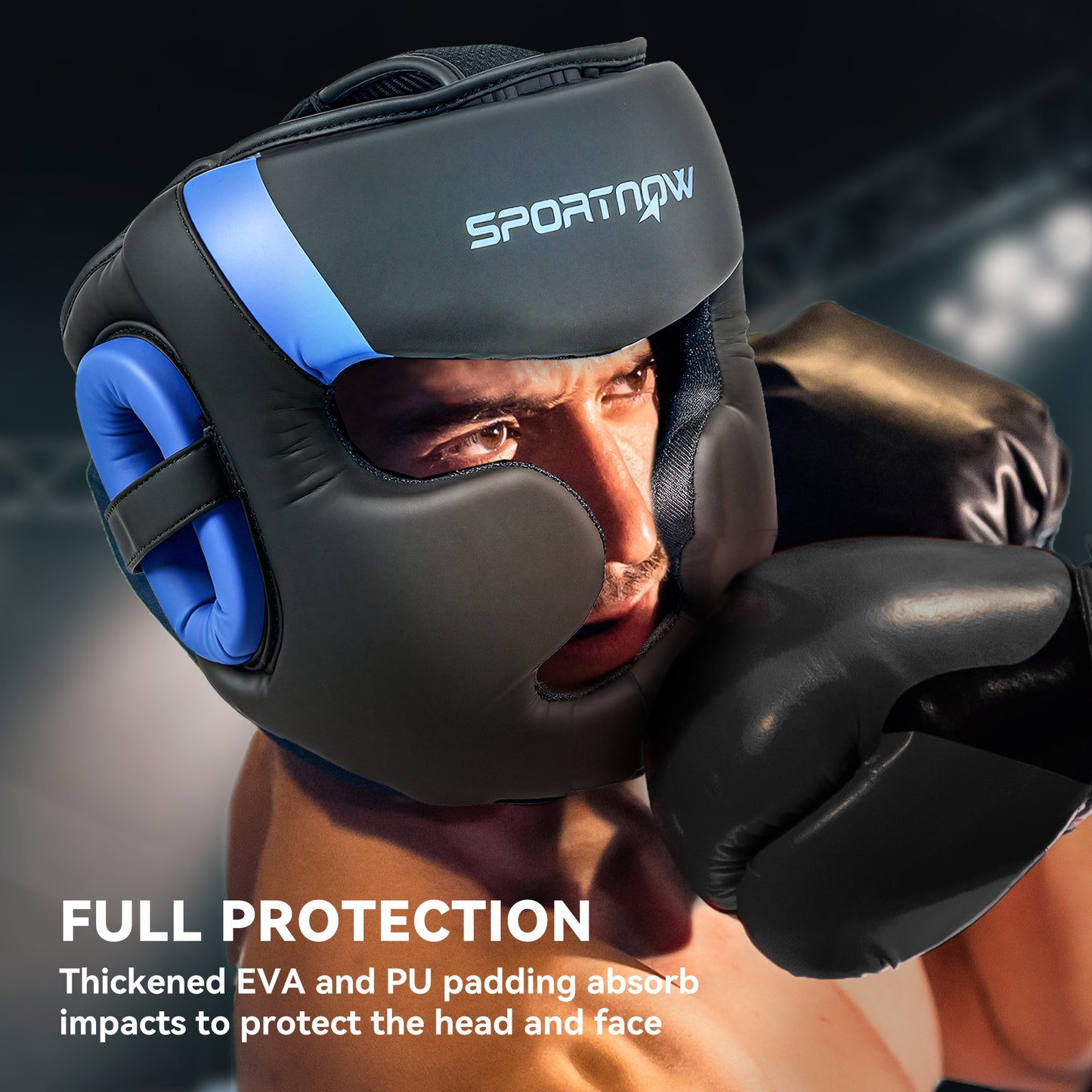 Boxing Headguard w/ Adjustable Strap for Sparring, Kickboxing, MMA, Blue/Black