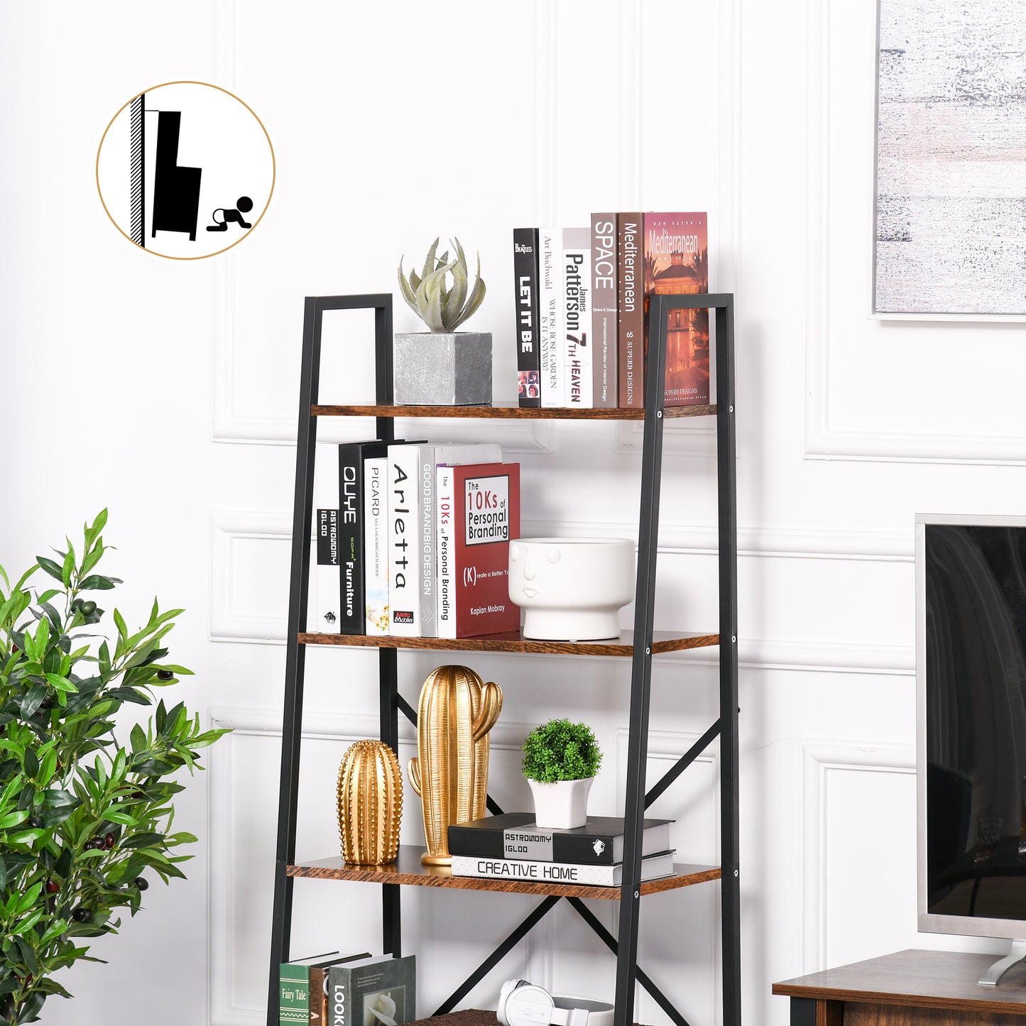 Ladder Shelf, Bookshelf, 4-Tier Industrial Storage Rack for Living Room, Bedroom, Kitchen, Rustic Brown and Black