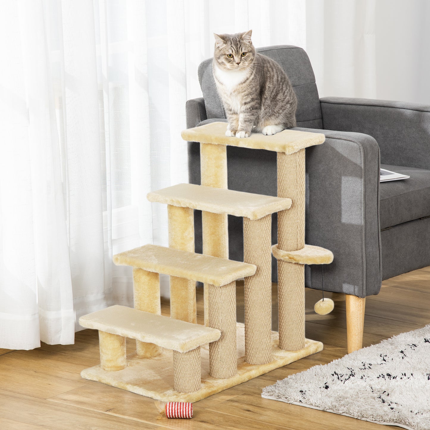 4-step Pet Stairs with Scratching Posts, Platforms, Toy Ball, Beige