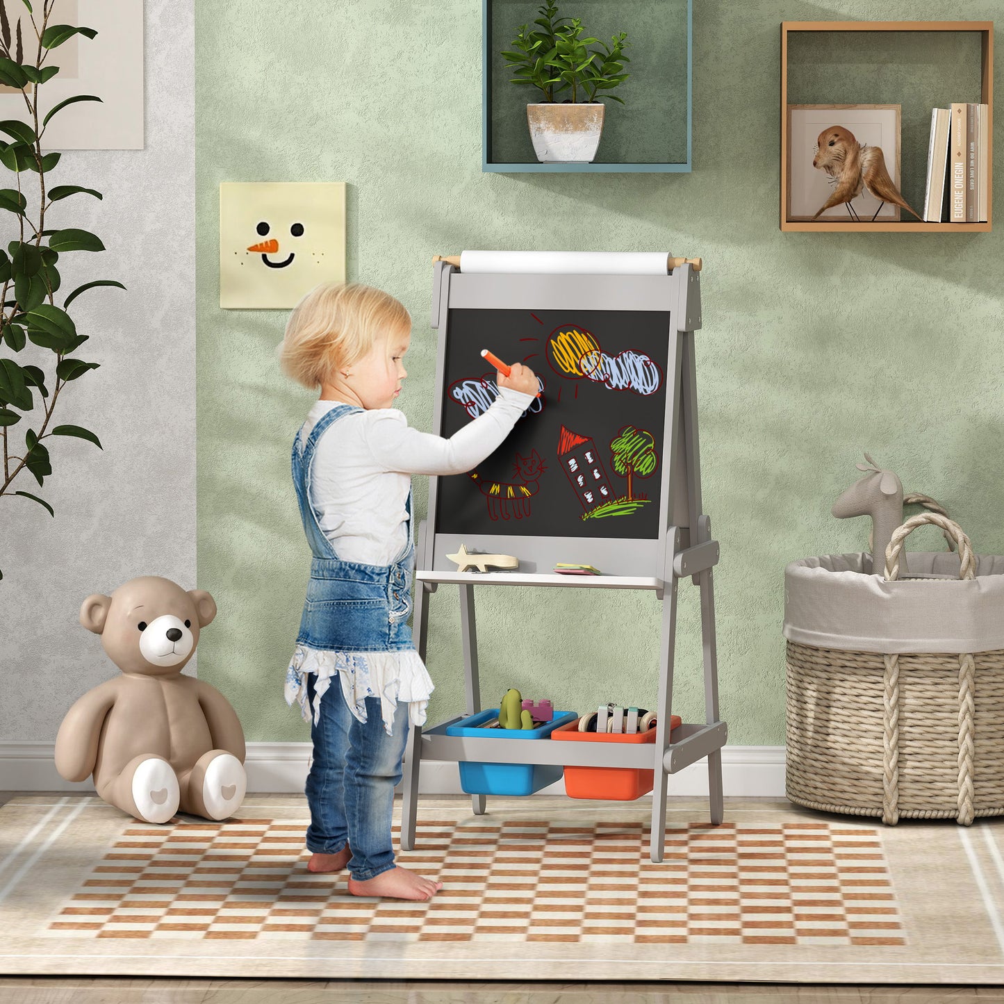 Art Easel for Kids with Paper Roll, Double-Sided Painting Easel with Chalkboard, Whiteboard