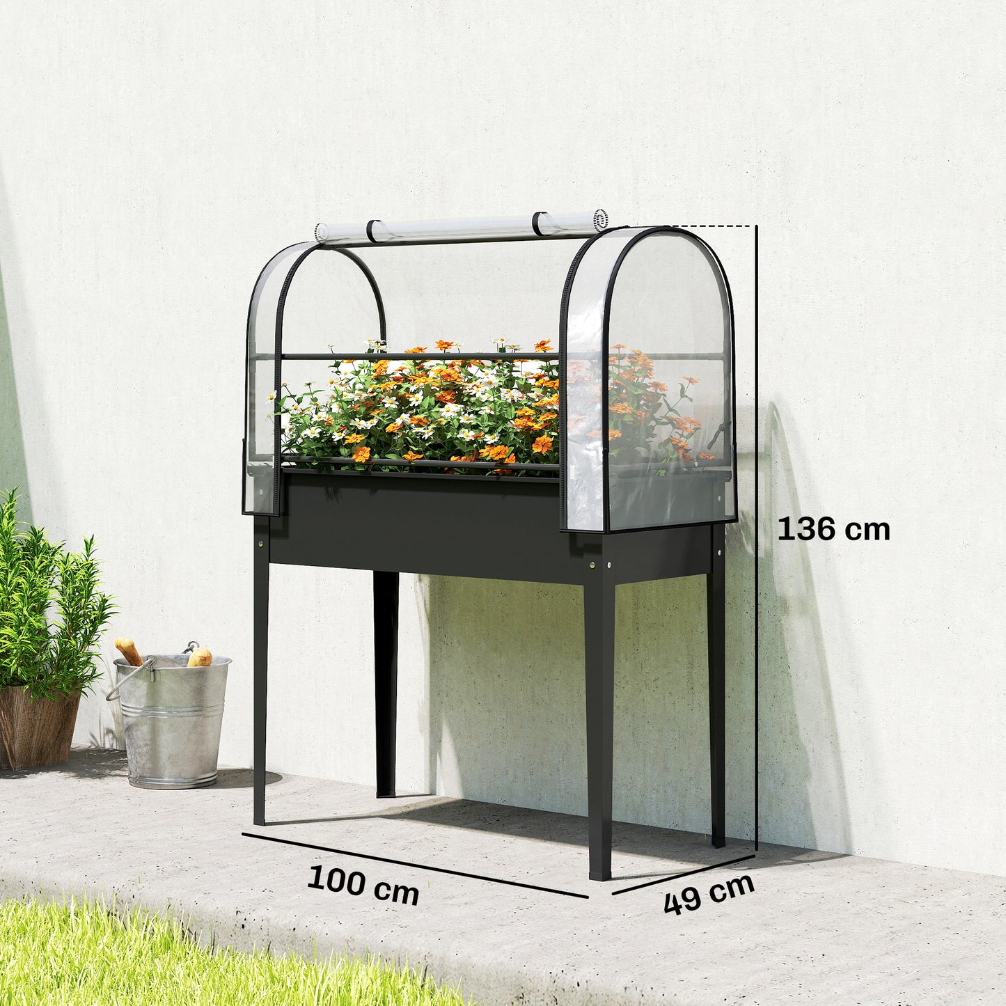 Raised Planter with Flip-Up Greenhouse Cover, Metal Raised Garden Bed on Legs with Drainage Hole, Black