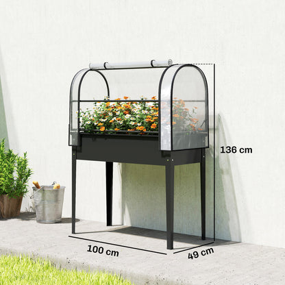 Raised Planter with Flip-Up Greenhouse Cover, Metal Raised Garden Bed on Legs with Drainage Hole, Black