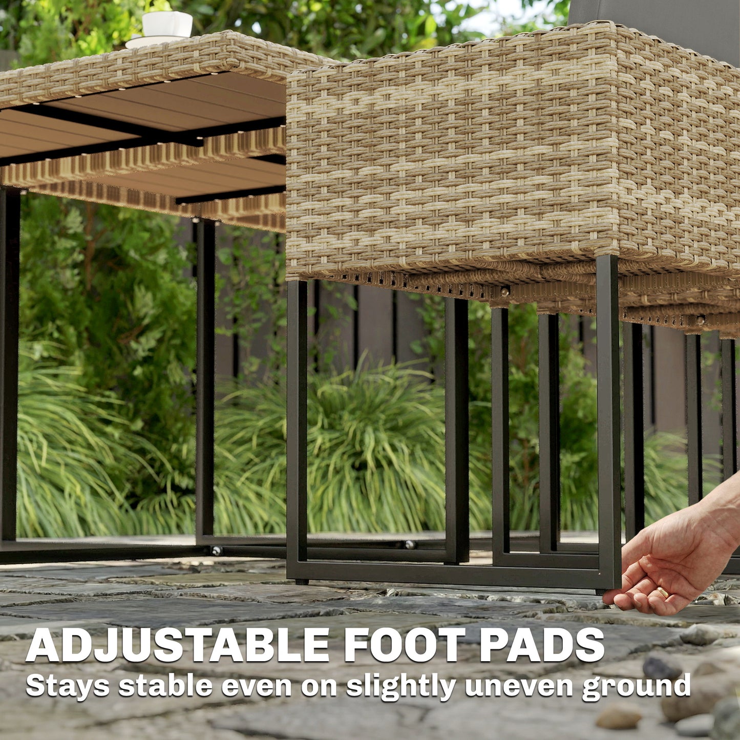 7 Piece Rattan Garden Furniture Set, Garden Dining Set with Wood-Plastic Table and 6 Stackable Chairs, Light Brown