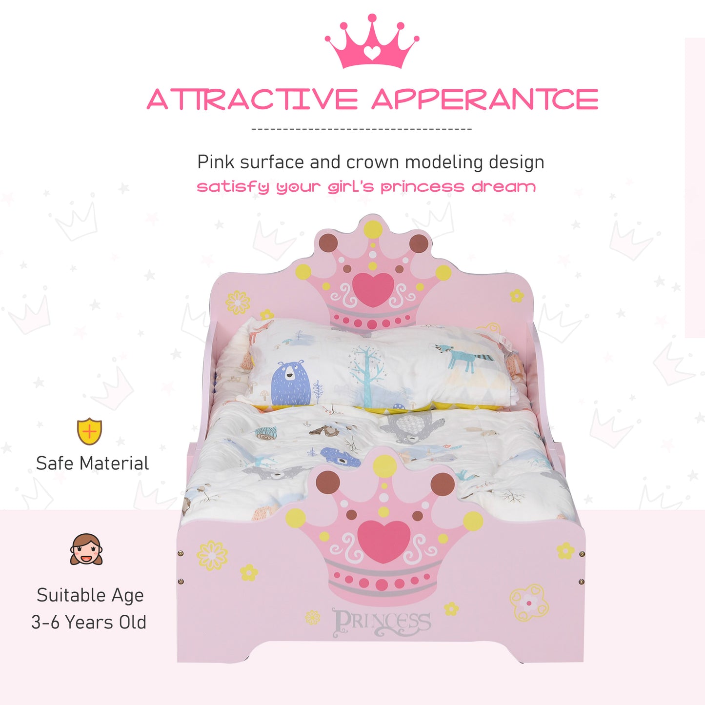 Kids Toddler Bed Princess Crown Theme Safety Side Rails Slats Home Bedroom Furniture Boys Girls 3-6 Years Pink 143 x 73 x 60