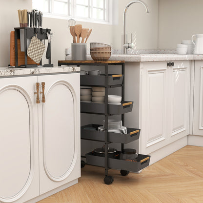 5-Tier Storage Trolley on Wheels - Black