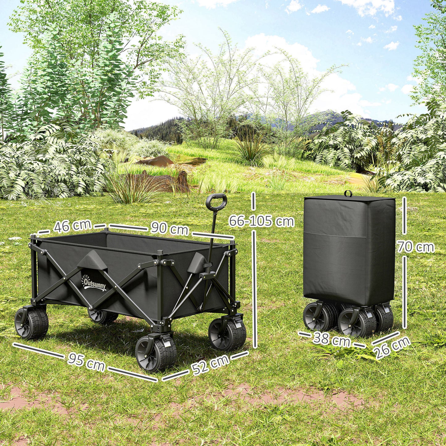 Folding Garden Trolley, Outdoor Wagon Cart with Carry Bag, for Beach, Camping, Festival, 120KG Capacity, Black