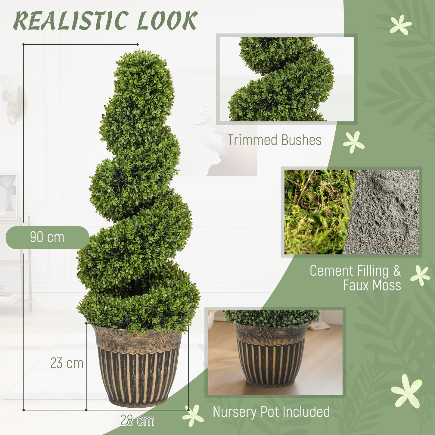 Set of 2 Artificial Plants, Topiary Spiral Boxwood Trees with Pot, for Home Indoor Outdoor Decor, 90cm