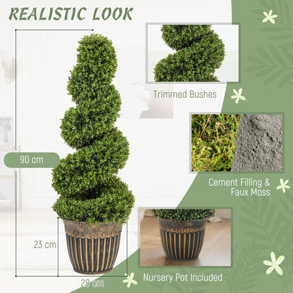Set of 2 Artificial Plants, Topiary Spiral Boxwood Trees with Pot, for Home Indoor Outdoor Decor, 90cm