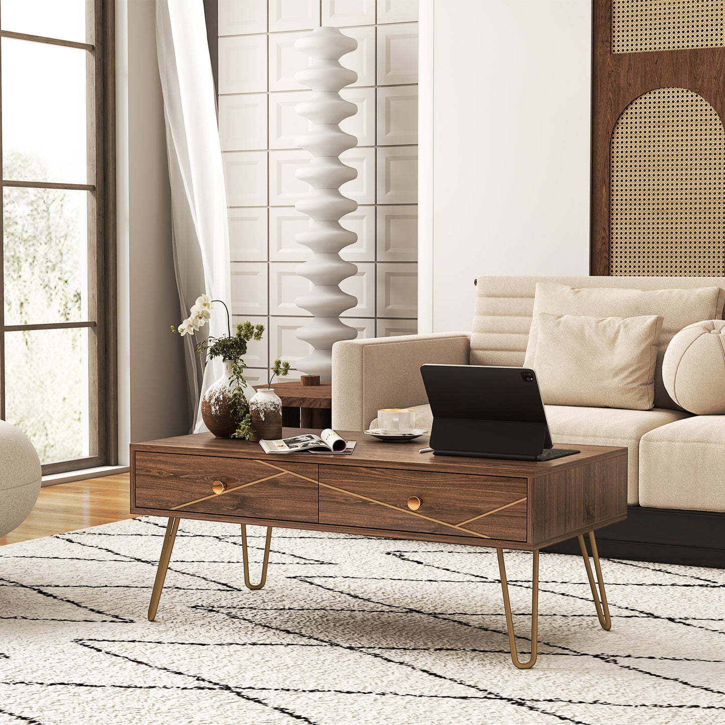 Coffee Table with Storage, Living Room Table with Drawers, Rectangular Tea Table with Steel Base for Home, 100 x 50 x 41 cm