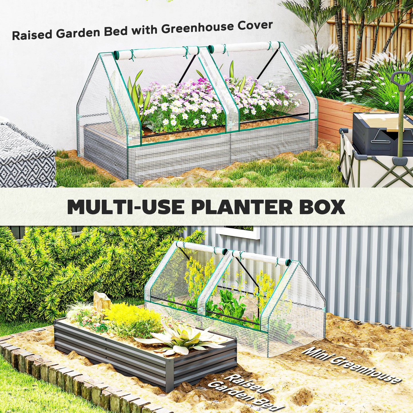 Metal Planter Box with Cover, Raised Garden Bed with Greenhouse, for Herbs and Vegetables, White and Dark Grey