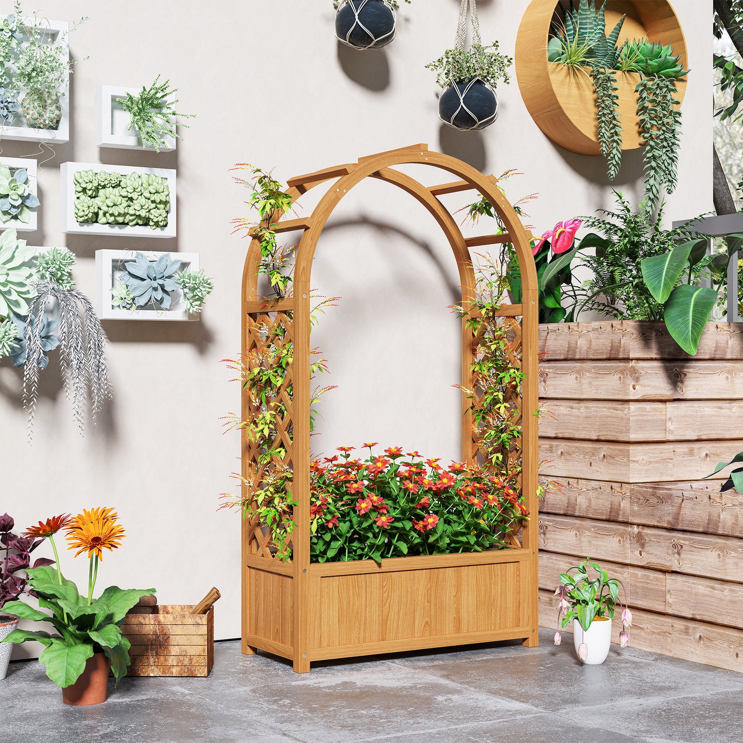Wooden Raised Garden Bed with Trellis, Liner, Drainage Holes, for Vine Climbing Plants, Flowers, 83 x 36 x 145 cm