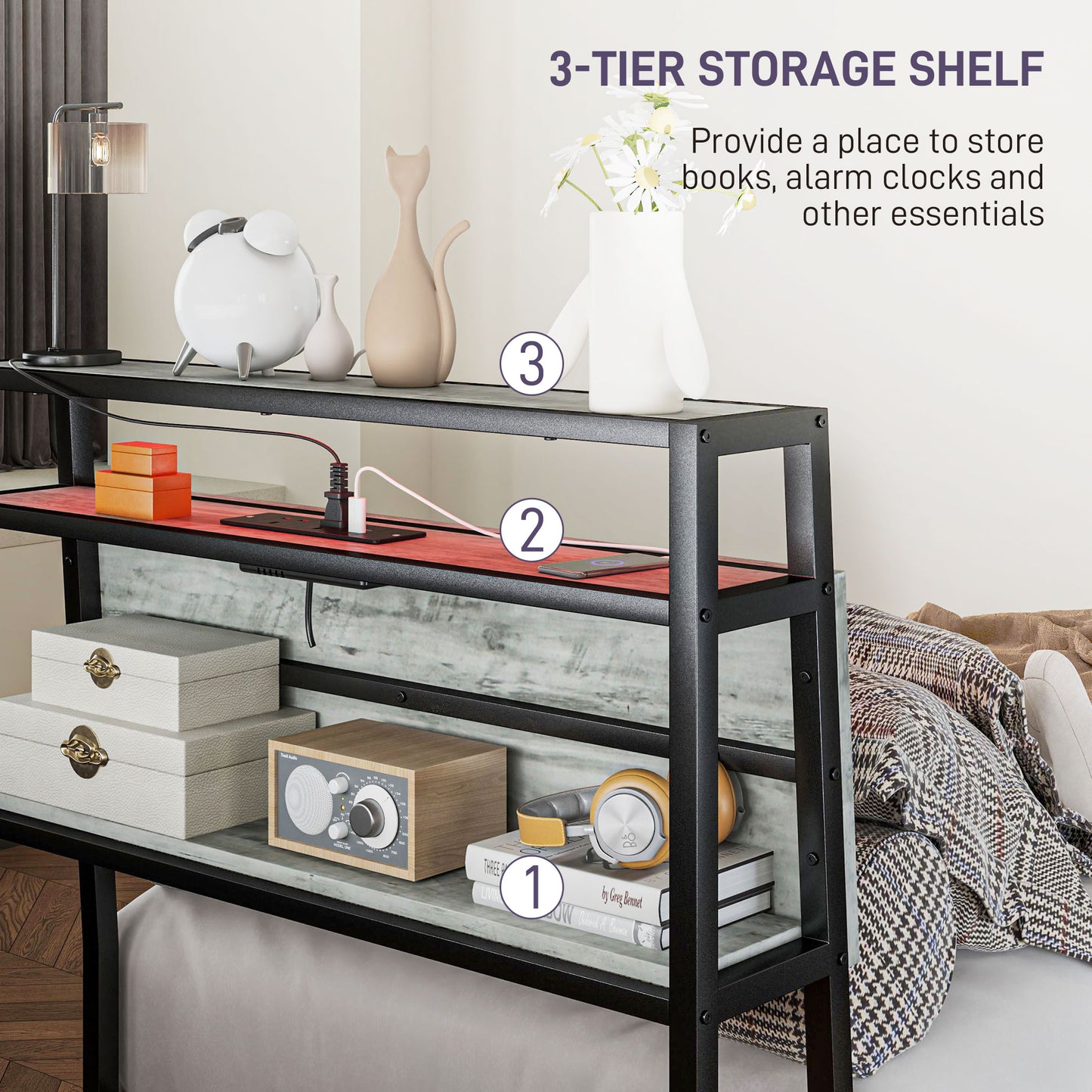 Single Steel Bed Frame, with LED Lights and Shelf - Grey
