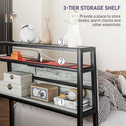 Single Steel Bed Frame, with LED Lights and Shelf - Grey