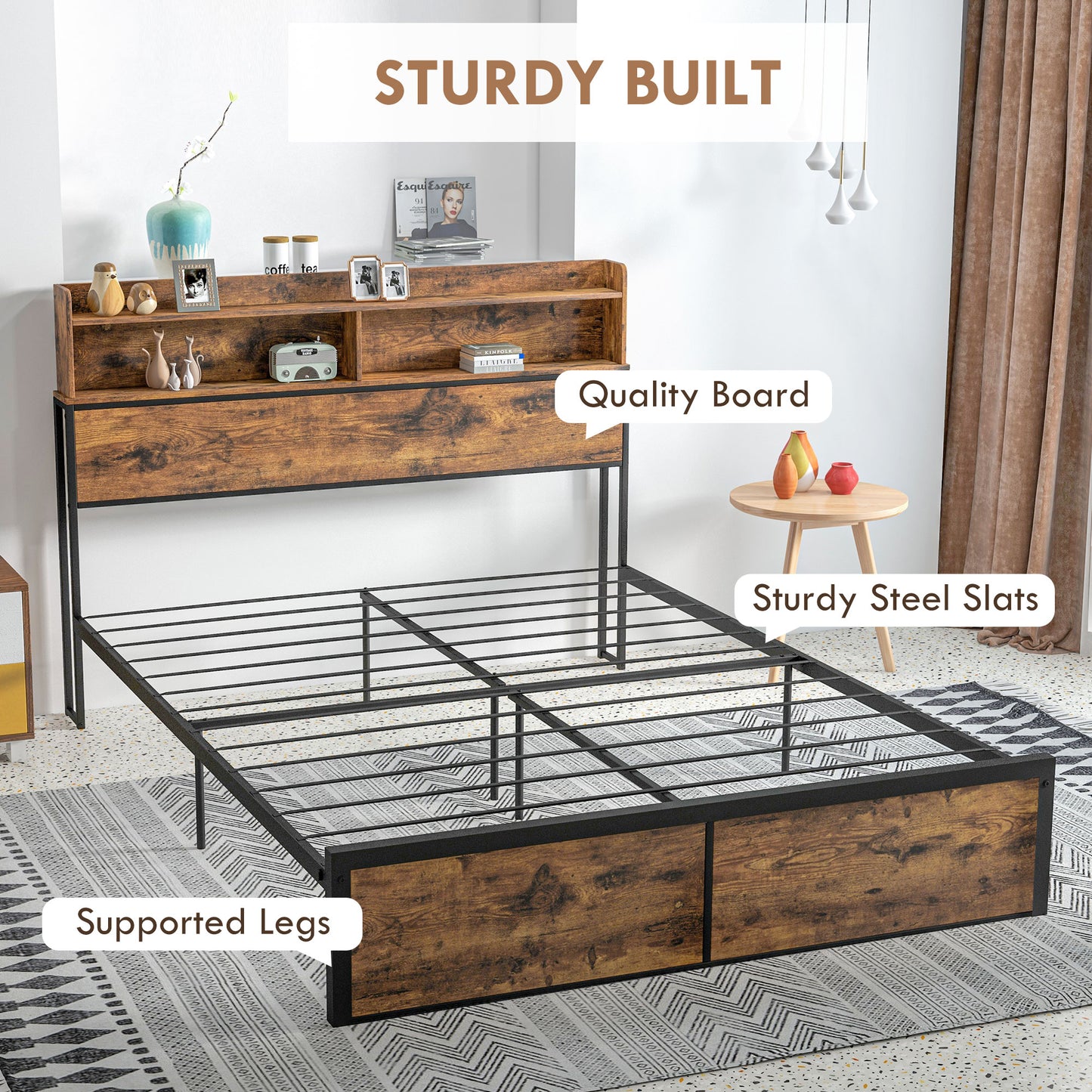 Industrial King Bed Frame, 5.2FT Steel Bed Base with Storage Headboard, Footboard, Slatted Support and Under Bed Storage