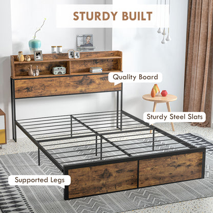 Industrial King Bed Frame, 5.2FT Steel Bed Base with Storage Headboard, Footboard, Slatted Support and Under Bed Storage