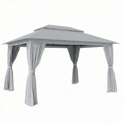 3 x 4 m Outdoor Garden Gazebo with Netting and Curtains, UPF50+ Patio Gazebo Permanent Pavilion Canopy, Dark Grey