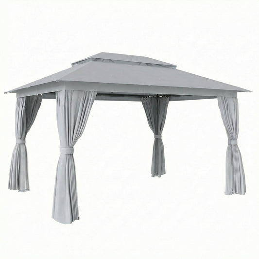 3 x 4 m Outdoor Garden Gazebo with Netting and Curtains, UPF50+ Patio Gazebo Permanent Pavilion Canopy, Dark Grey