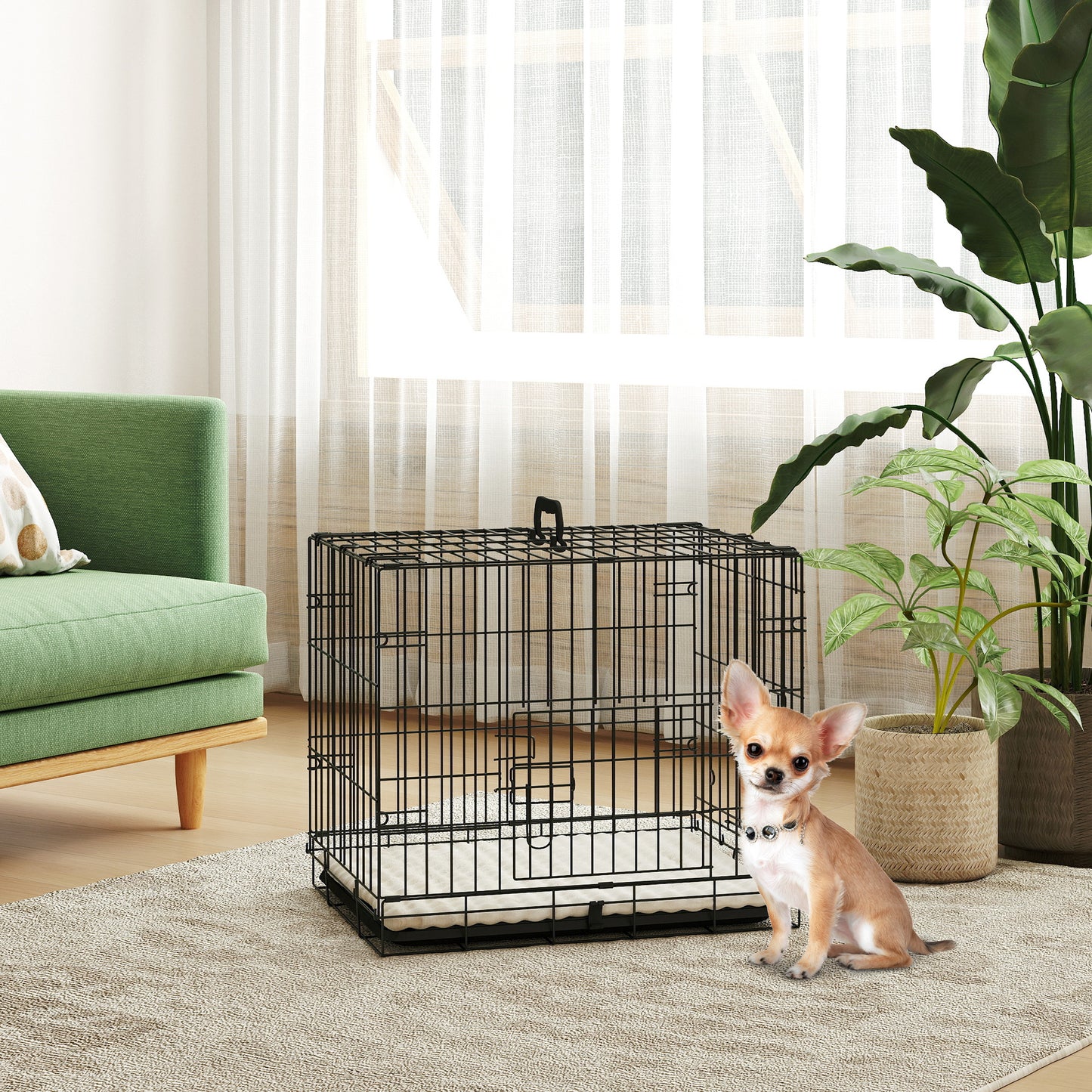 Foldable Dog Crate with Two Doors with Tray, Soft Cushion, for Extra Small Dogs, 60 x 45 x 50, Black